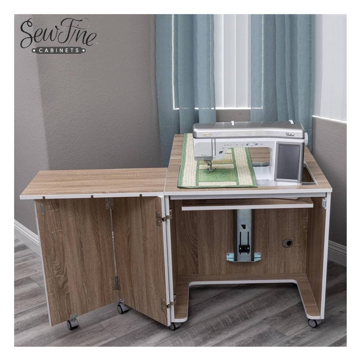 SewFine Cabinets Quilters Petite cabinet in weathered oak main product image with logo-oak_mainProductImage-logo