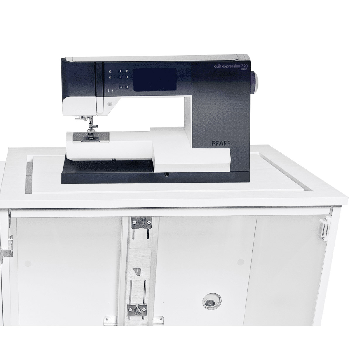 Free arm position of the Quilter's Petite cabinet lift brings machine to rest at the highest position