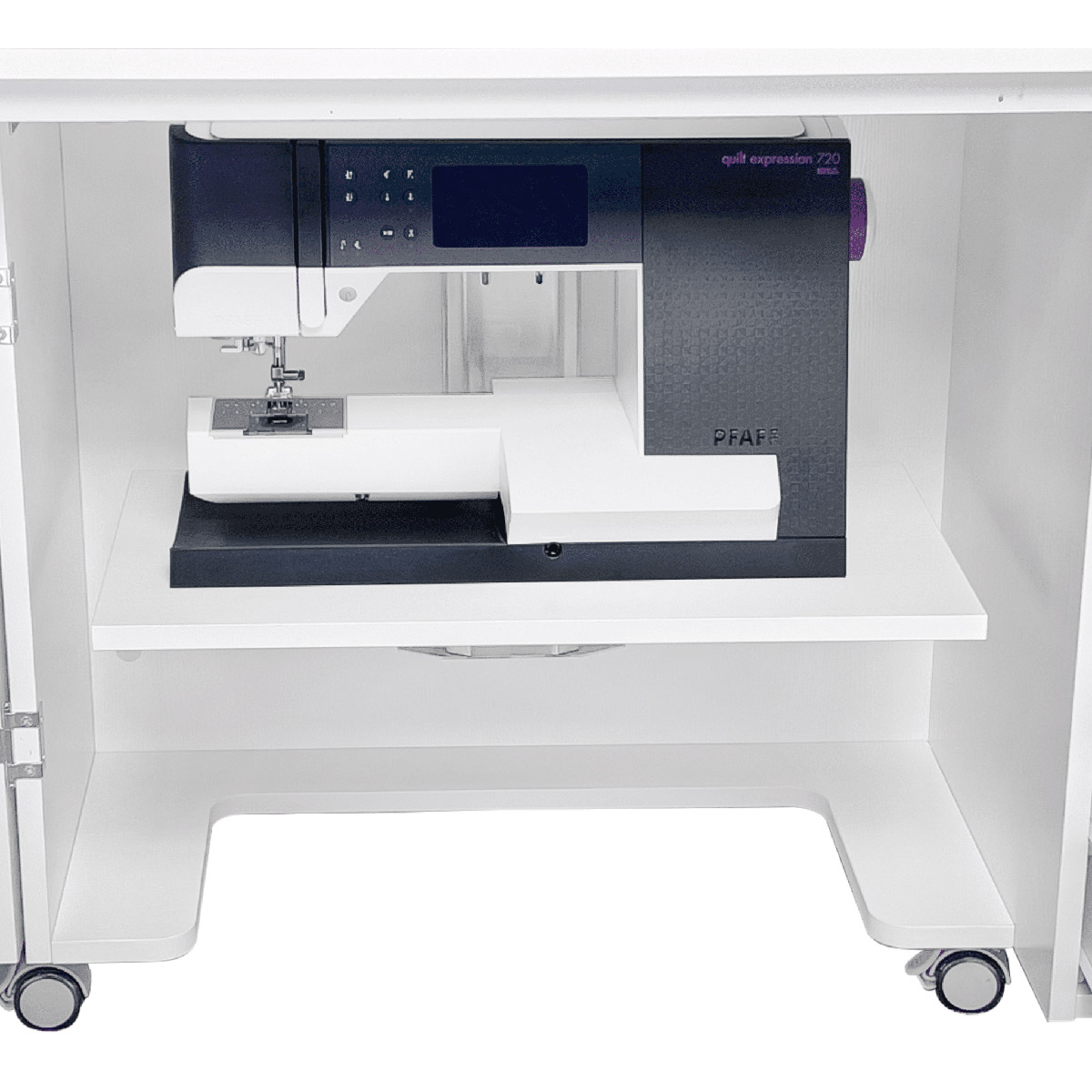 Storage position is the lowest lift position, to store the machine behind the doors of the Quilter's Petite cabinet