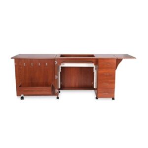 Arrow Harriet sewing cabinet open in teak finish-open