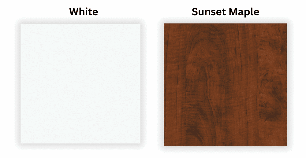 Horn Cabinet swatches for white and Sunset Maple finishes