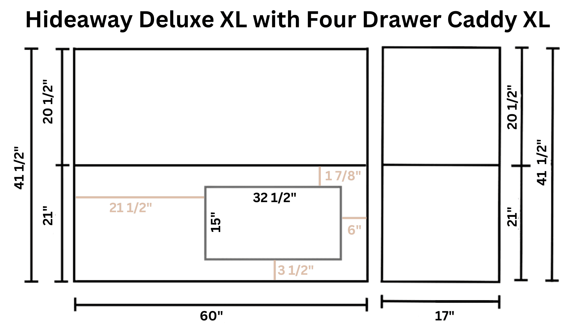 Hideaway Deluxe XL and Caddy XL sewing cabinet dimensions